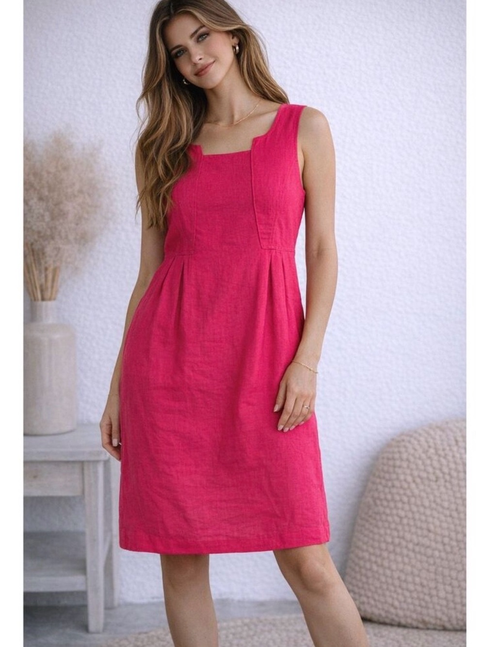 Anthropologie Bright Pink Sleeveless Square-Neck Linen Midi Dress
